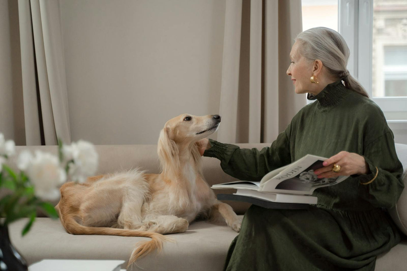 Yaşlı kadın kanepede Saluki köpeğiyle birlikte huzur içinde dinleniyor — yaşlı köpek bakımı