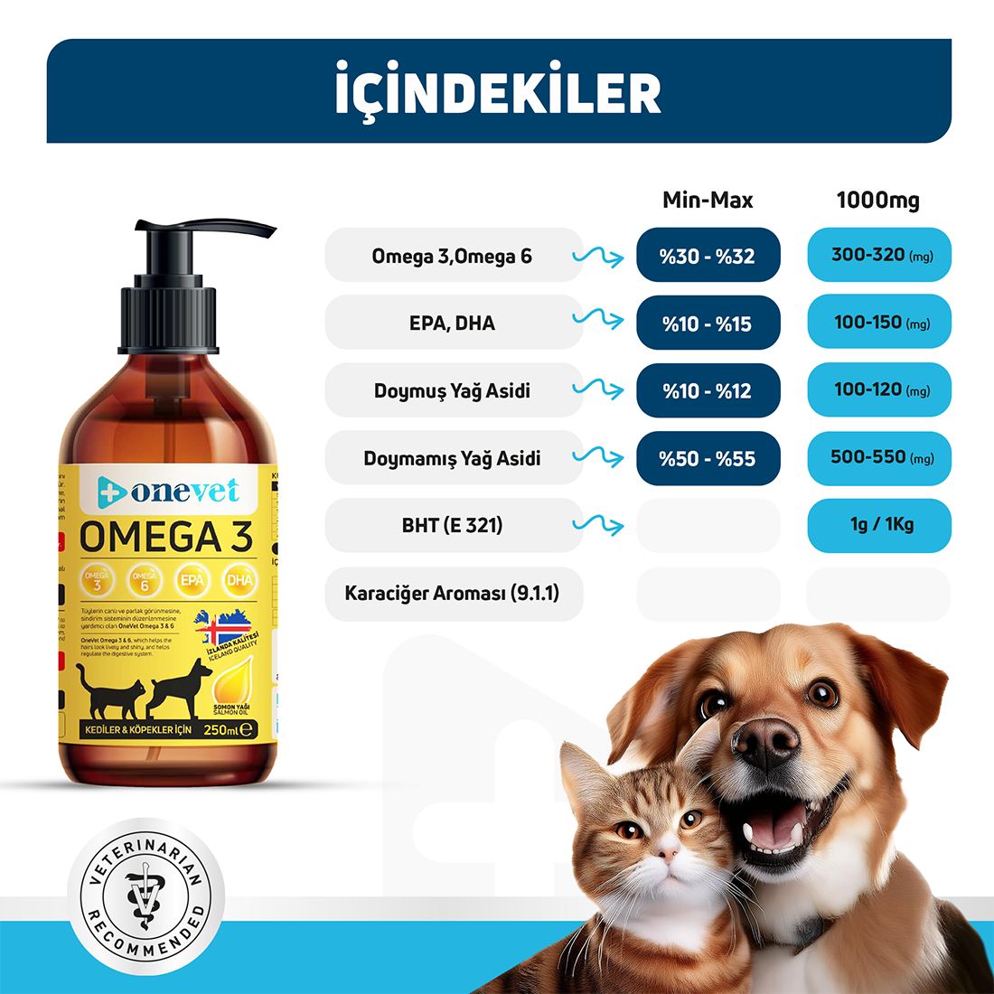 OneVet Omega 3 Kedi ve Köpekler İçin Deri ve Tüy Sağlığı Destekleyici Balık Yağı 250 ml