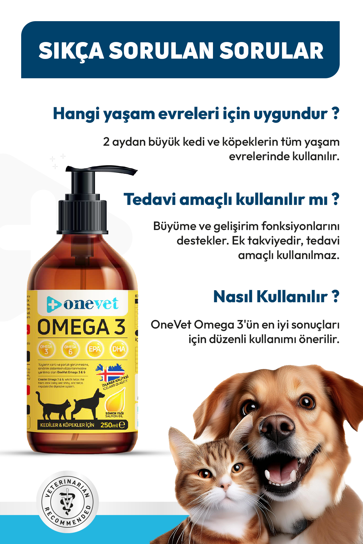 OneVet Omega 3 Balık Yağı 250 Ml Kedi ve Köpekler İçin Bağışıklık Destekleyici Fish Oil