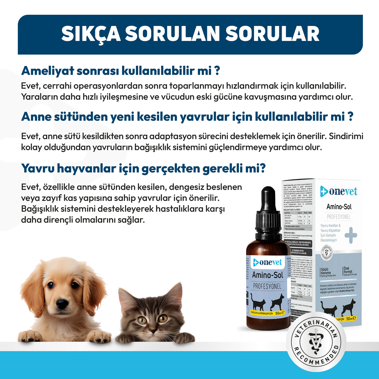 OneVet Amino-Sol Kedi Ve Köpekler Için Gelişim Destekleyici Damla 50 ml