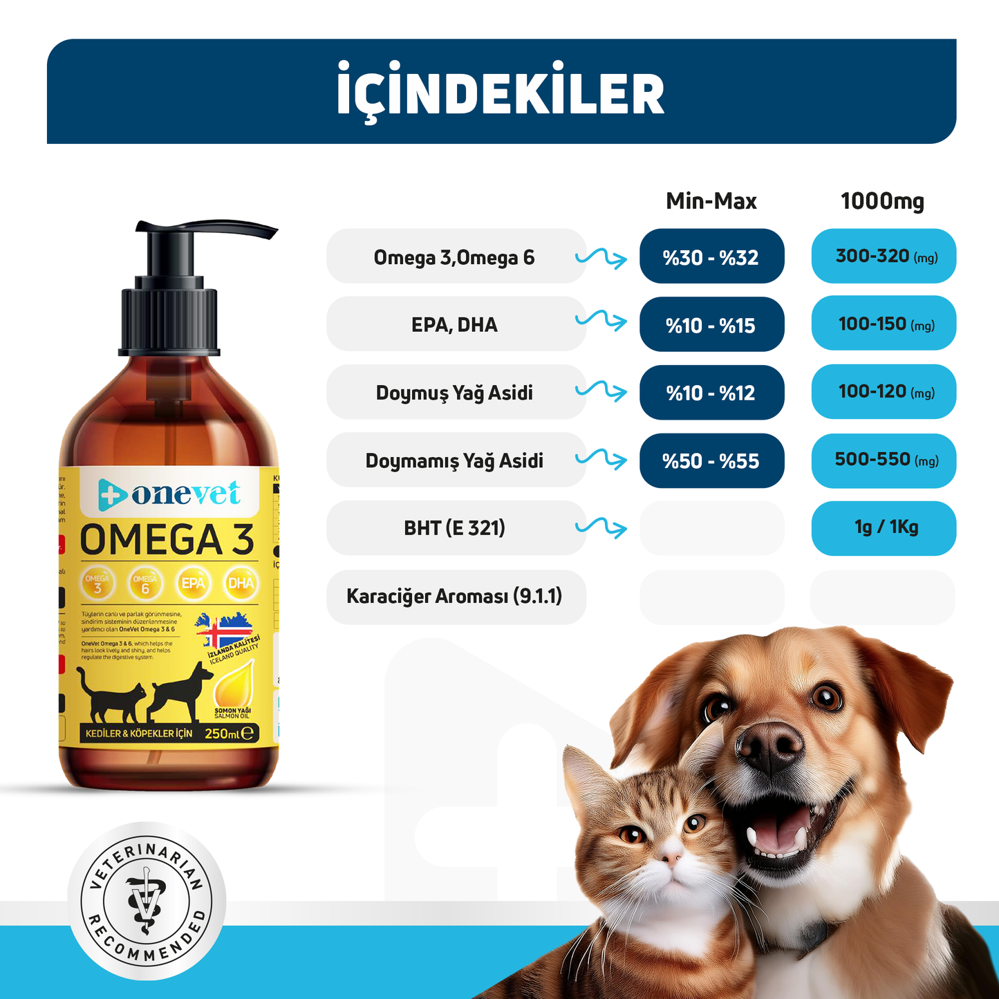 OneVet Omega 3 Kedi Ve Köpekler Için Bağışıklık Destekleyici Balık Yağı 250 ml