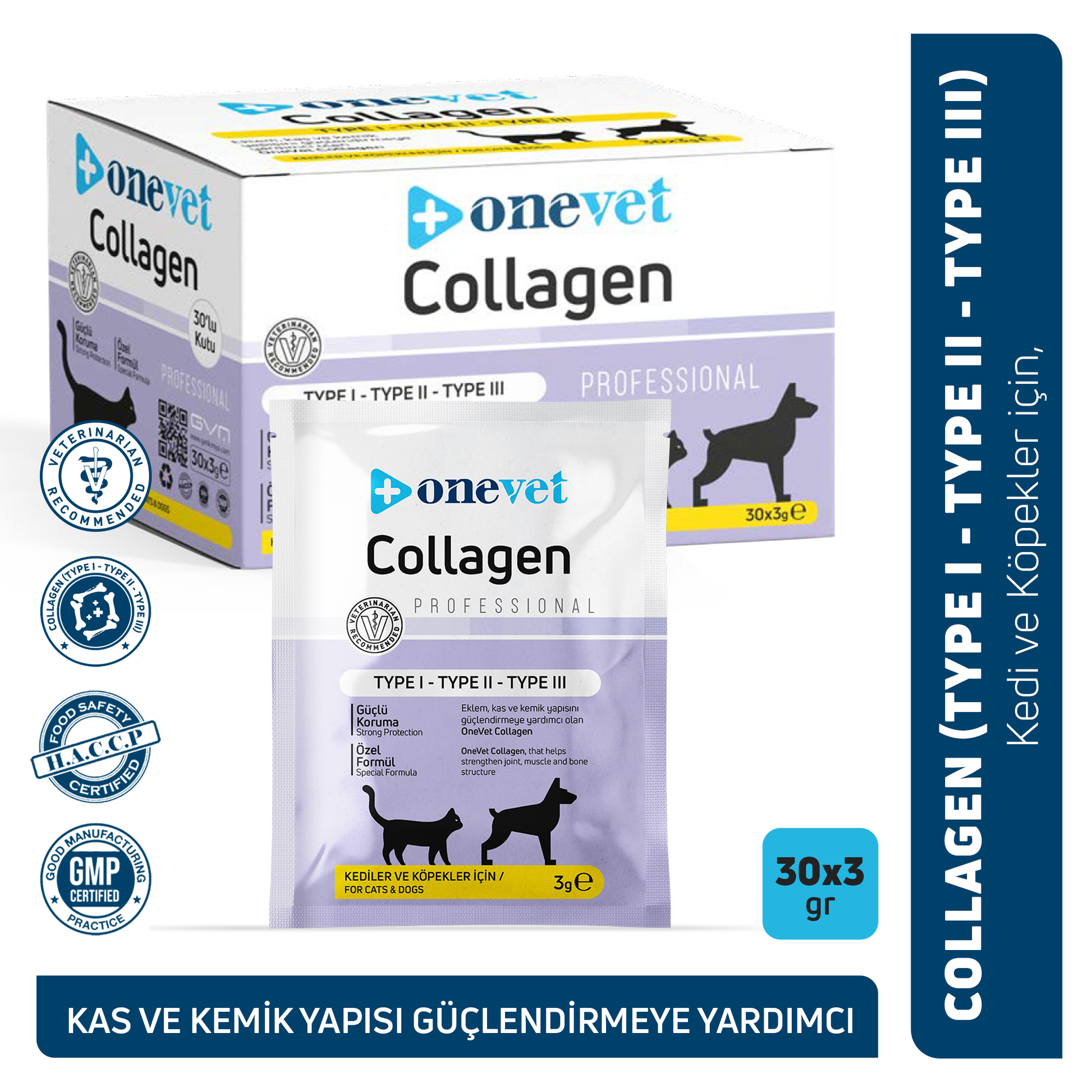 OneVet Collagen Şase — kedi ve köpekler için eklem, kas ve kemik destekleyici kolajen, 30 adet × 3 gr