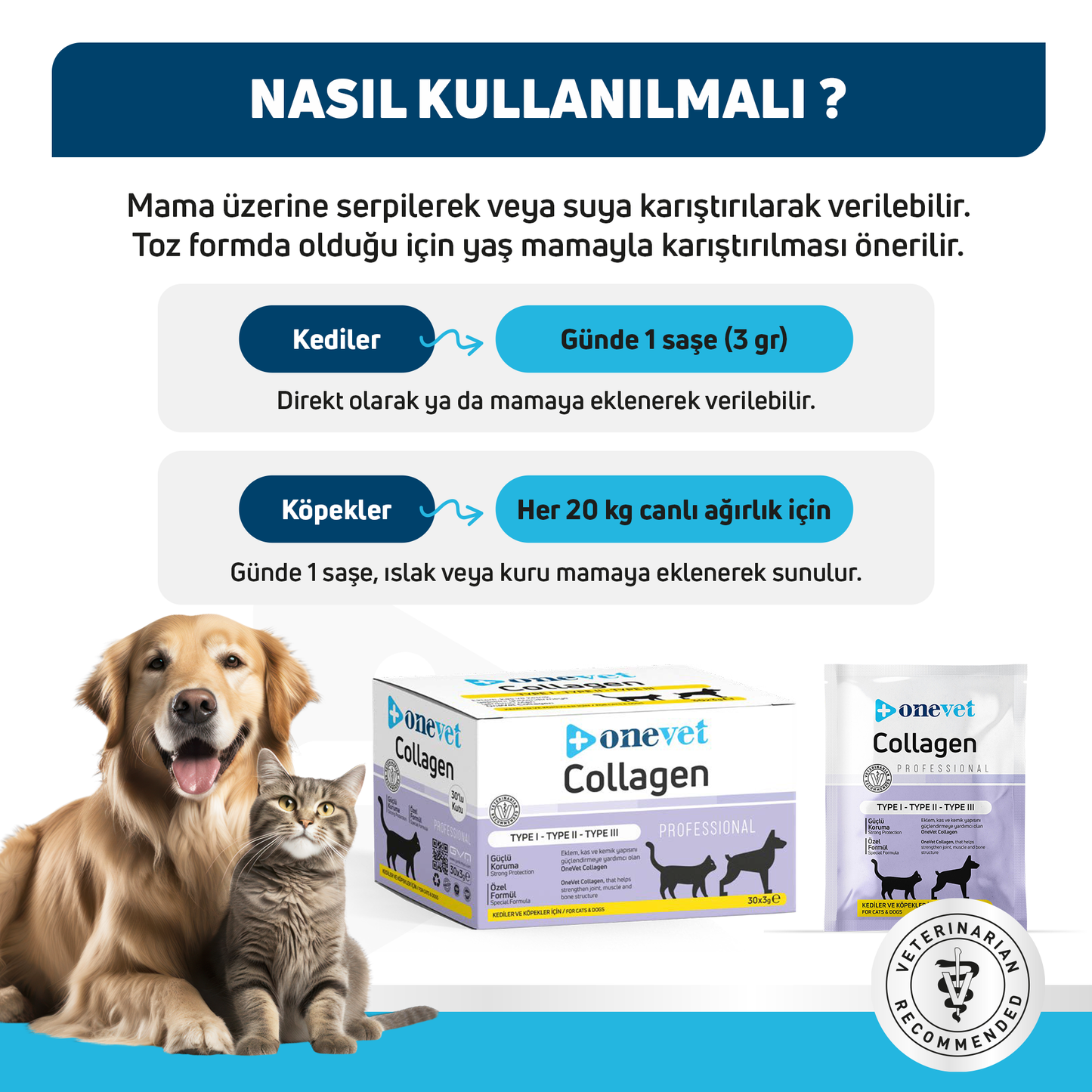 OneVet Collagen Şase 30x3 gr Kedi Ve Köpekler İçin Kolajen Eklem, Kas Ve Kemik Güçlendirmeye Yardımcı