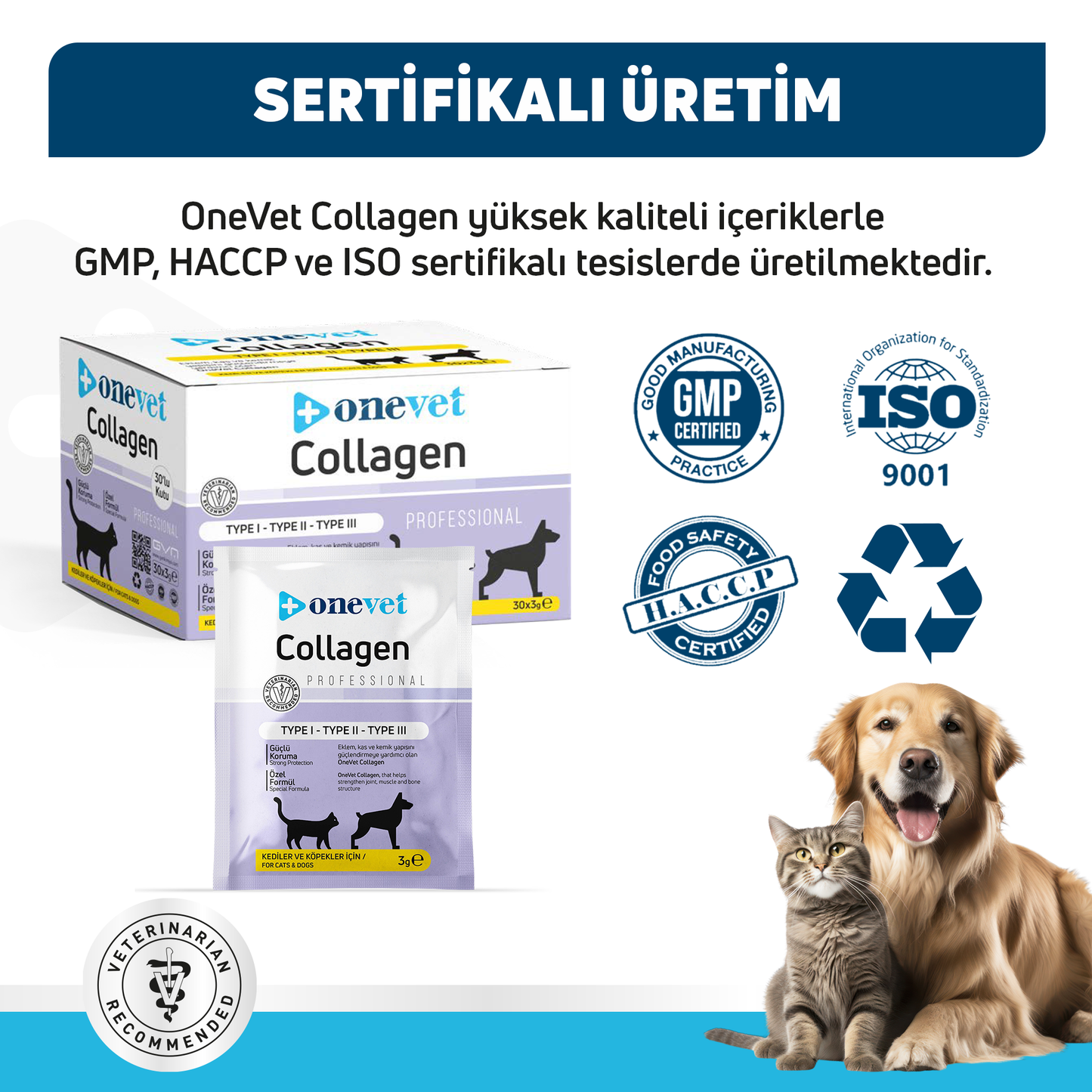 OneVet Collagen Şase 30x3 gr Kedi Ve Köpekler İçin Kolajen Eklem, Kas Ve Kemik Güçlendirmeye Yardımcı