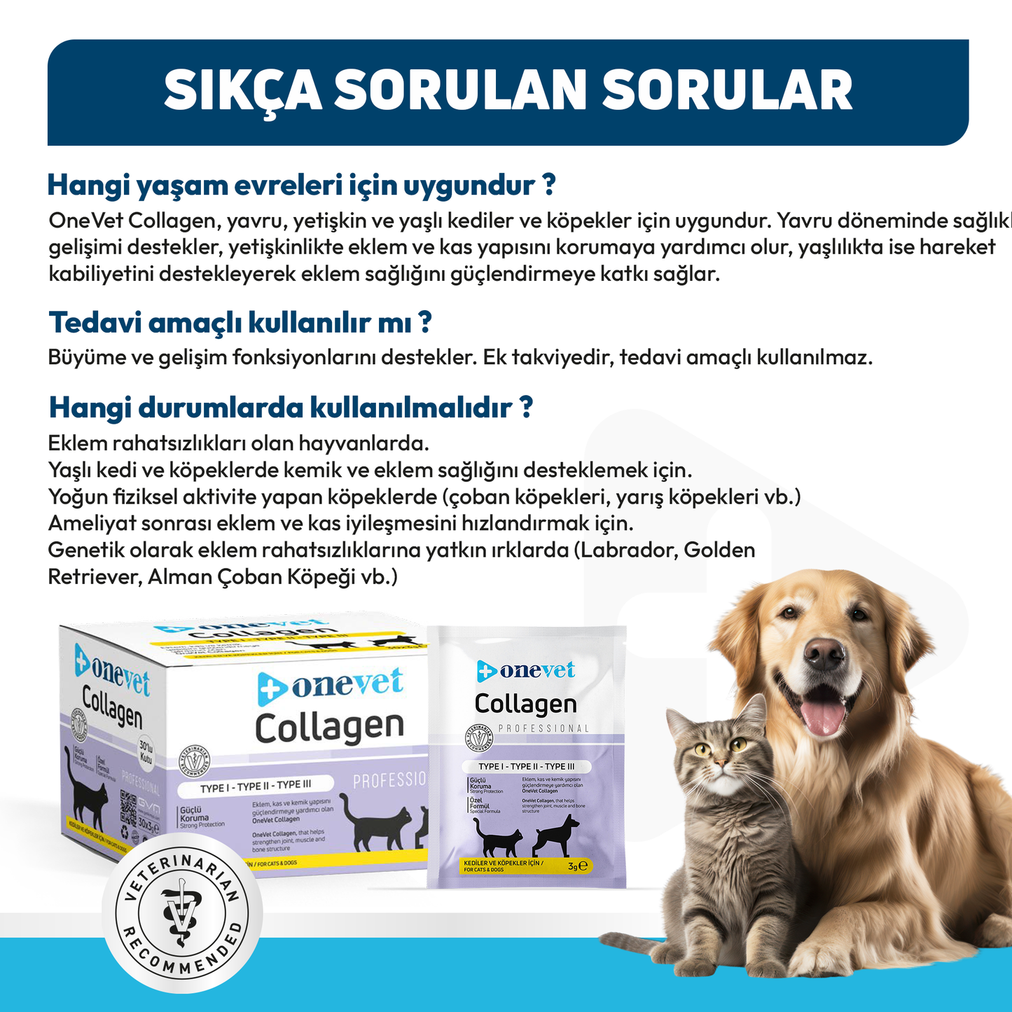 OneVet Collagen Şase 30x3 gr Kedi Ve Köpekler İçin Kolajen Eklem, Kas Ve Kemik Güçlendirmeye Yardımcı