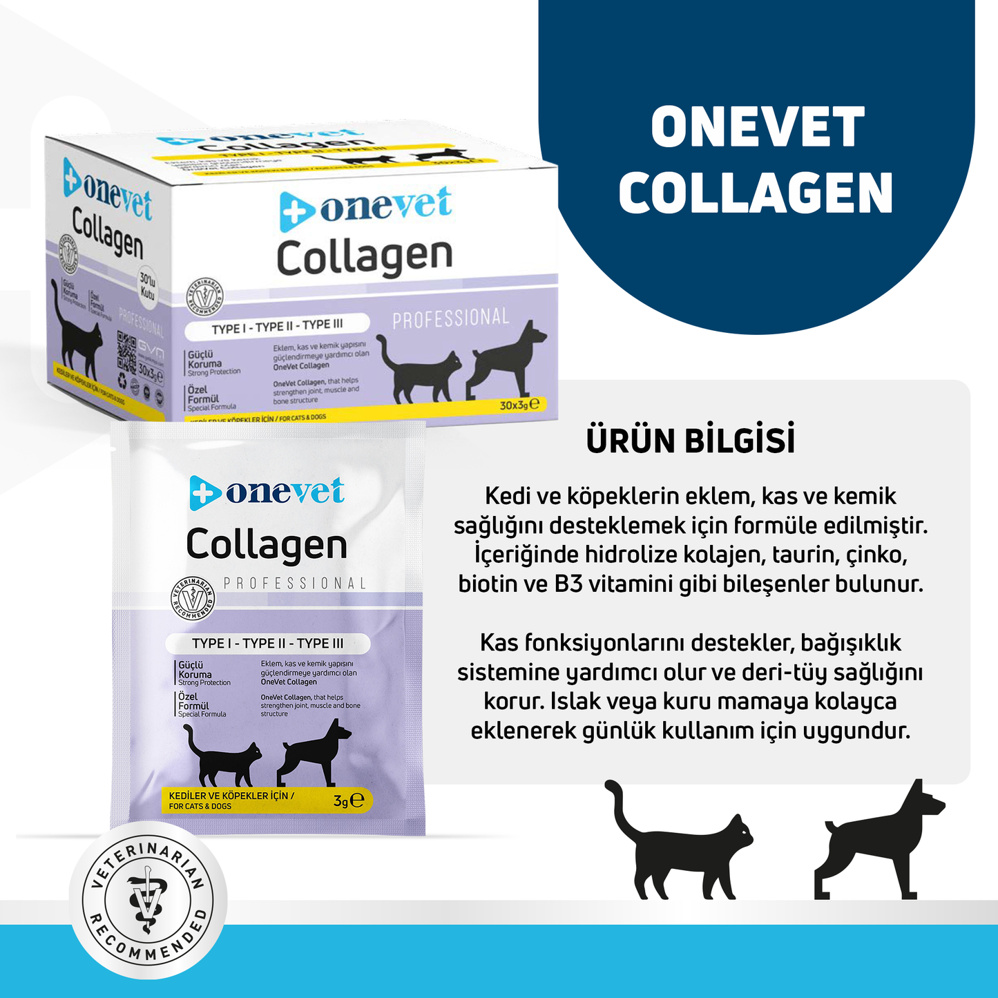 OneVet Collagen Şase 30x3 gr Kedi Ve Köpekler İçin Kolajen Eklem, Kas Ve Kemik Güçlendirmeye Yardımcı