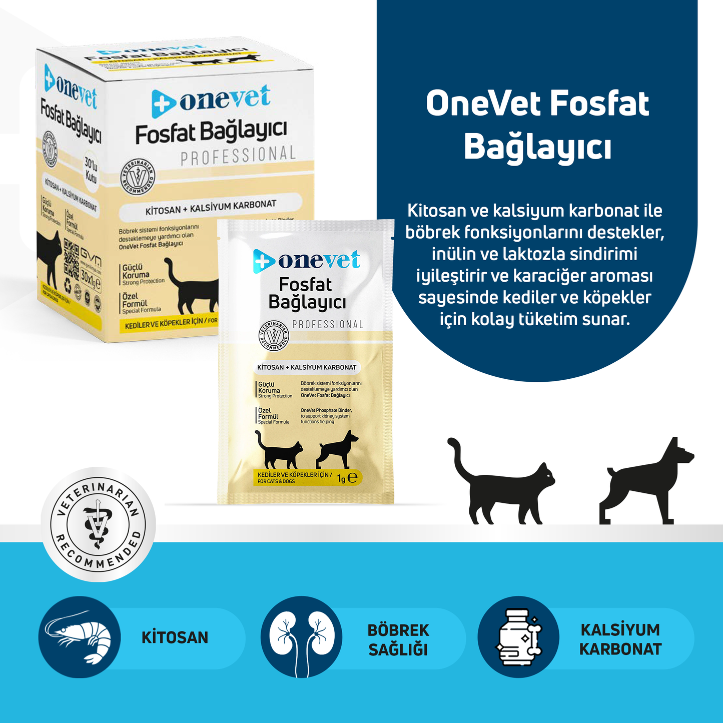 OneVet Fosfat Bağlayıcı Kedi Ve Köpekler İçin Böbrek Sağlığı Destekleyici Toz Şase 1 Gr. 30 Adet
