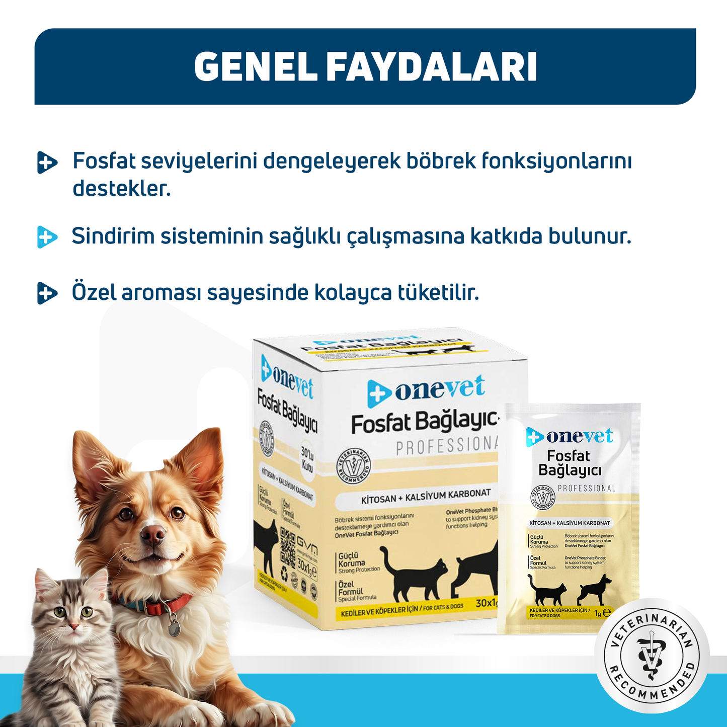OneVet Fosfat Bağlayıcı Kedi Ve Köpekler İçin Böbrek Sağlığı Destekleyici Toz Şase 1 Gr. 30 Adet