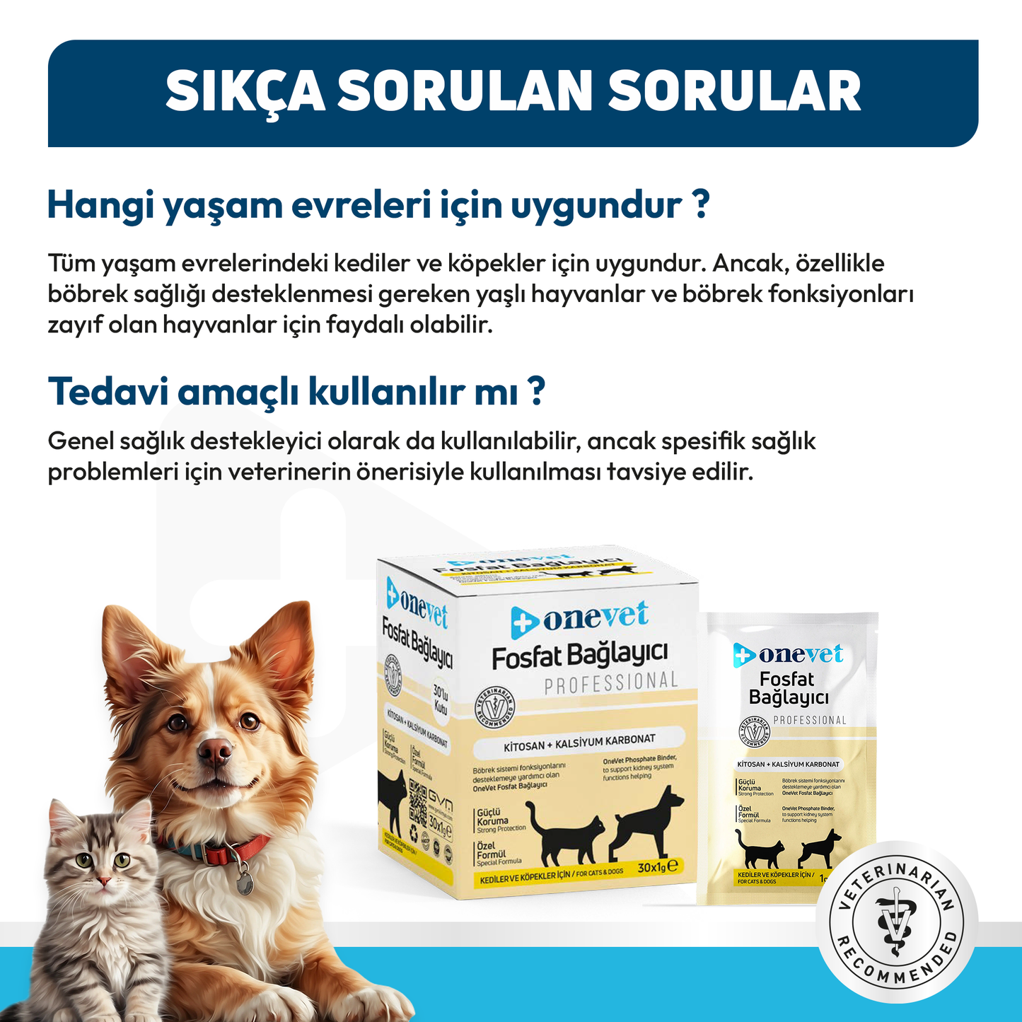 OneVet Fosfat Bağlayıcı Kedi Ve Köpekler İçin Böbrek Sağlığı Destekleyici Toz Şase 1 Gr. 30 Adet