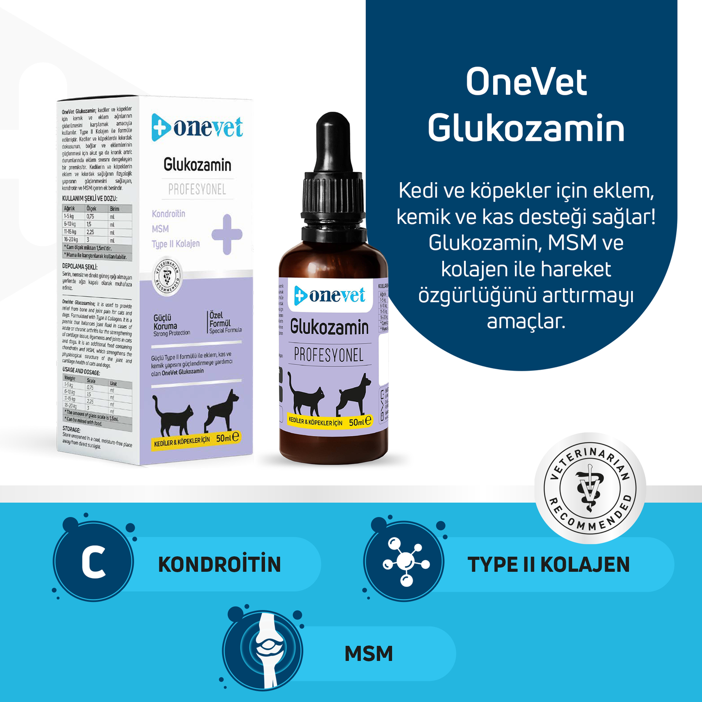 OneVet Glukozamin Kedi Ve Köpekler Için Eklem Ve Kıkırdak Sağlığı Destekleyici Damla 50 ml