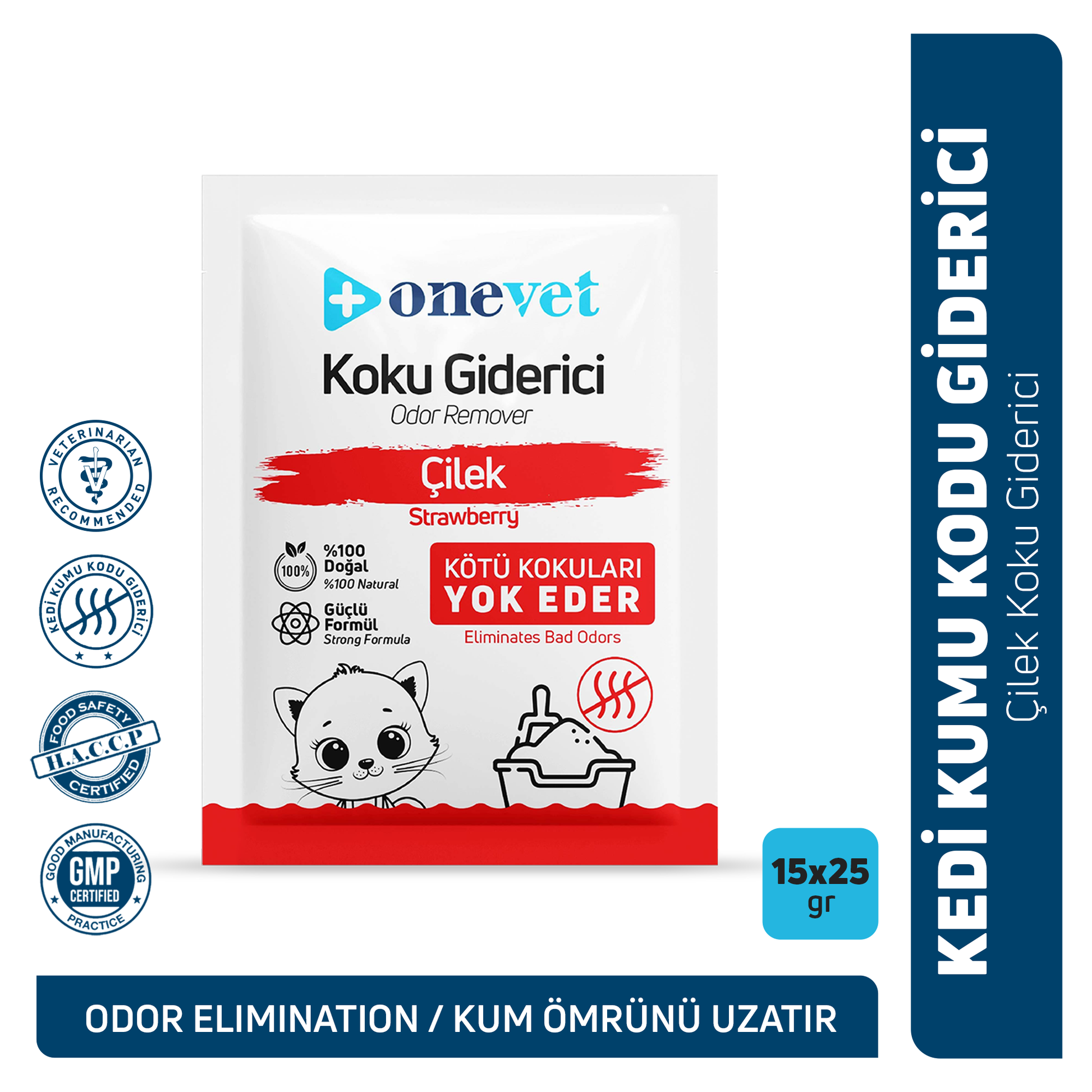 OneVet Kedi Kumu Koku Giderici — çilek aromalı, 25 gr × 15 adet saşe
