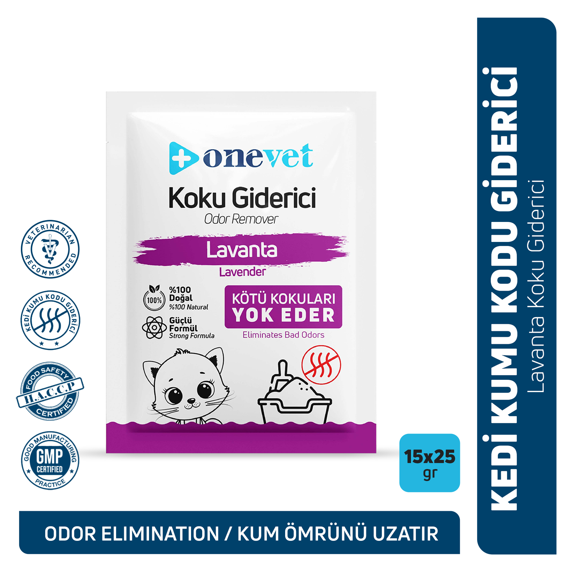OneVet Kedi Kumu Koku Giderici — lavanta aromalı, 25 gr × 15 adet saşe