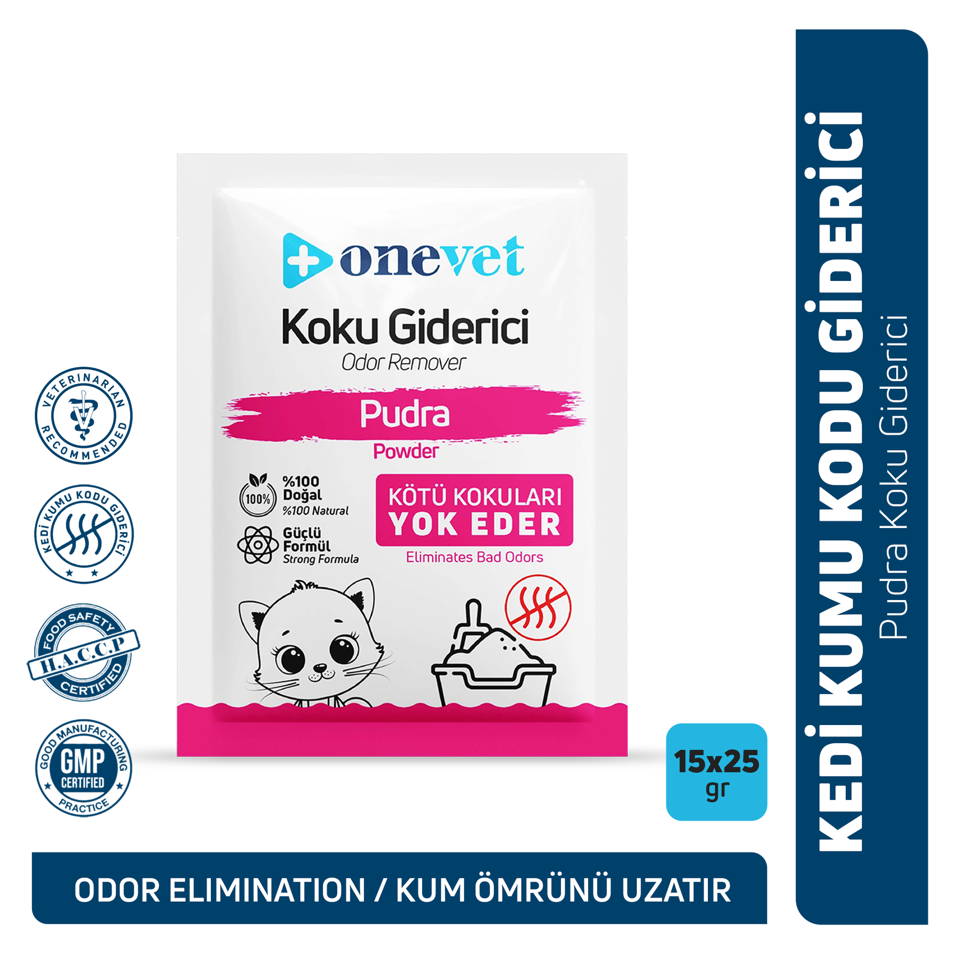OneVet Kedi Kumu Koku Giderici — pudra aromalı, 25 gr × 15 adet saşe