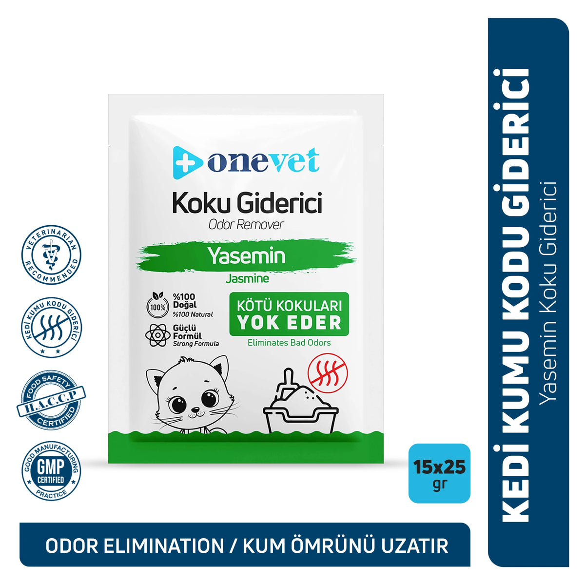 OneVet Kedi Kumu Koku Giderici — yasemin aromalı, 25 gr × 15 adet saşe