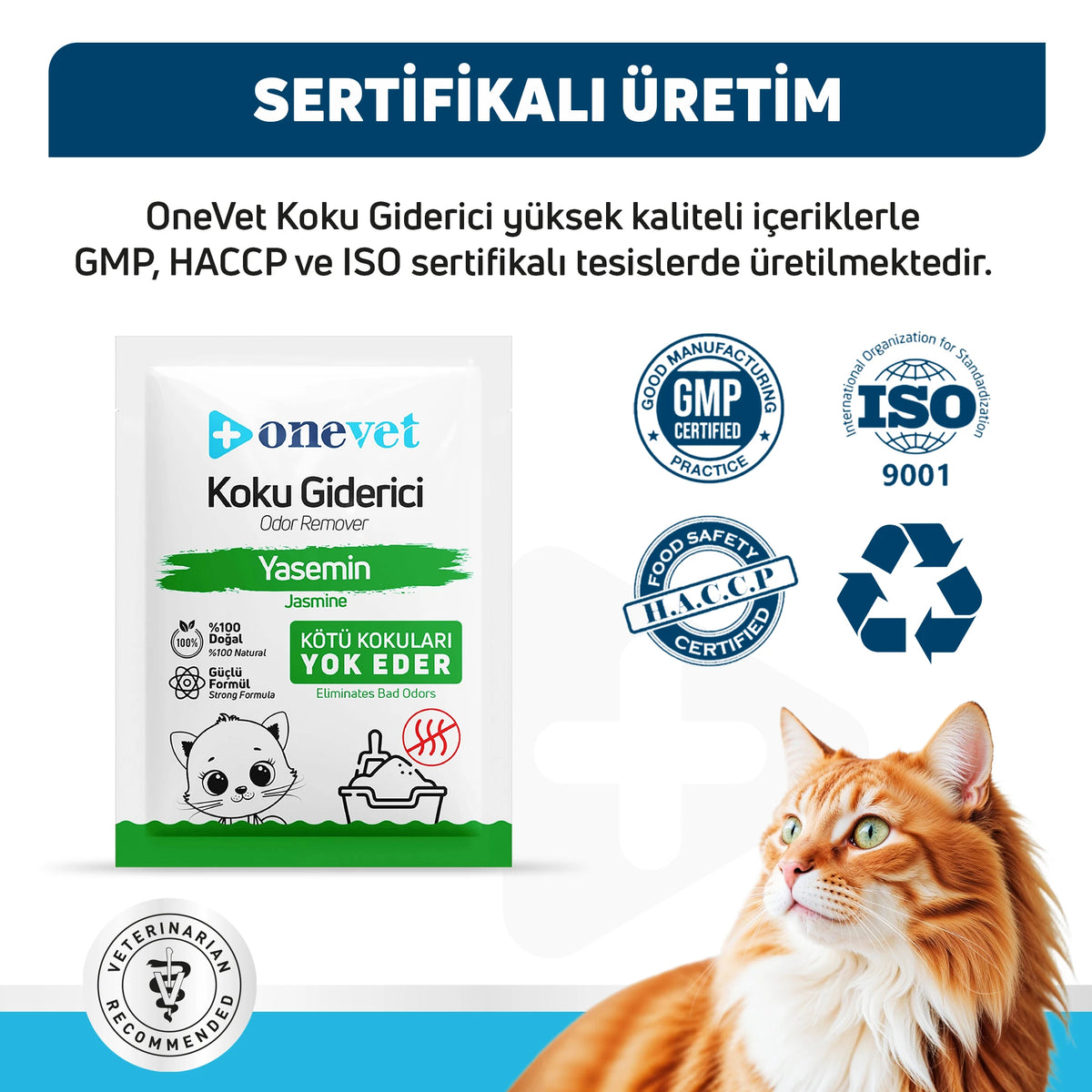 OneVet Kedi Kumu Koku Giderici Yasemin sertifikalı üretim: GMP, HACCP, ISO 9001