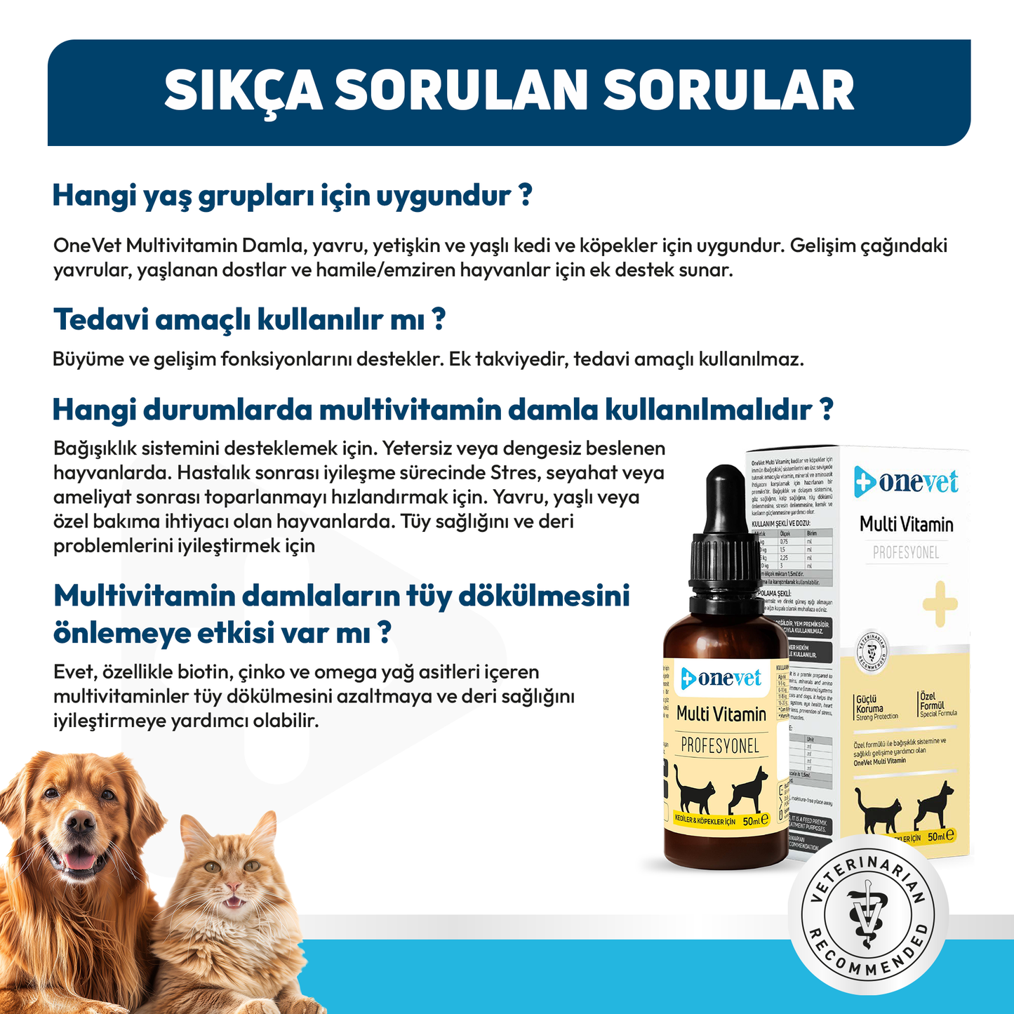OneVet Multi Vitamin Damla Kedi ve Köpekler İçin Kemik ve Kas Güçlendirici Vitamin Takviyesi 50 ml
