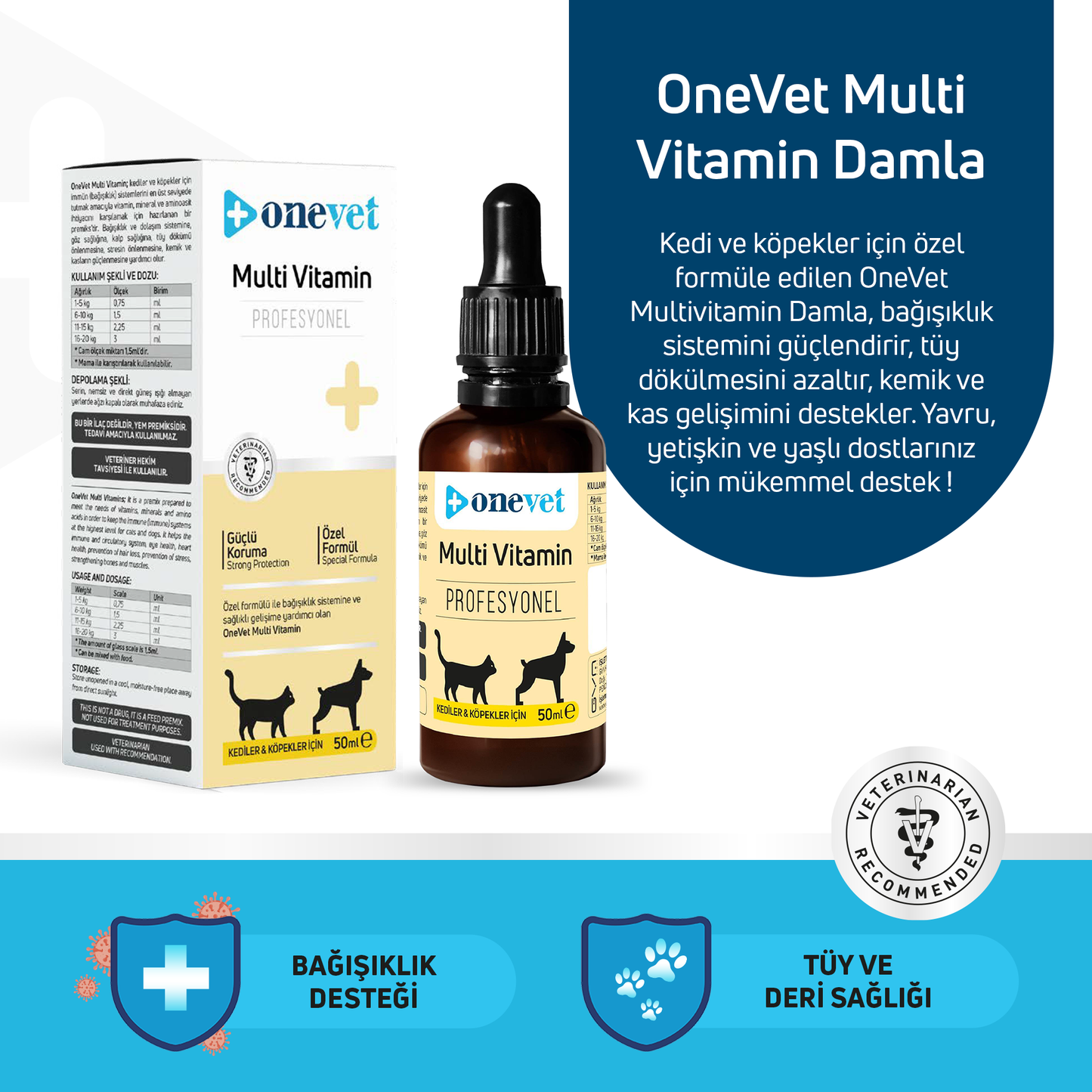 OneVet Multi Vitamin Damla Kedi ve Köpekler İçin Kemik ve Kas Güçlendirici Vitamin Takviyesi 50 ml