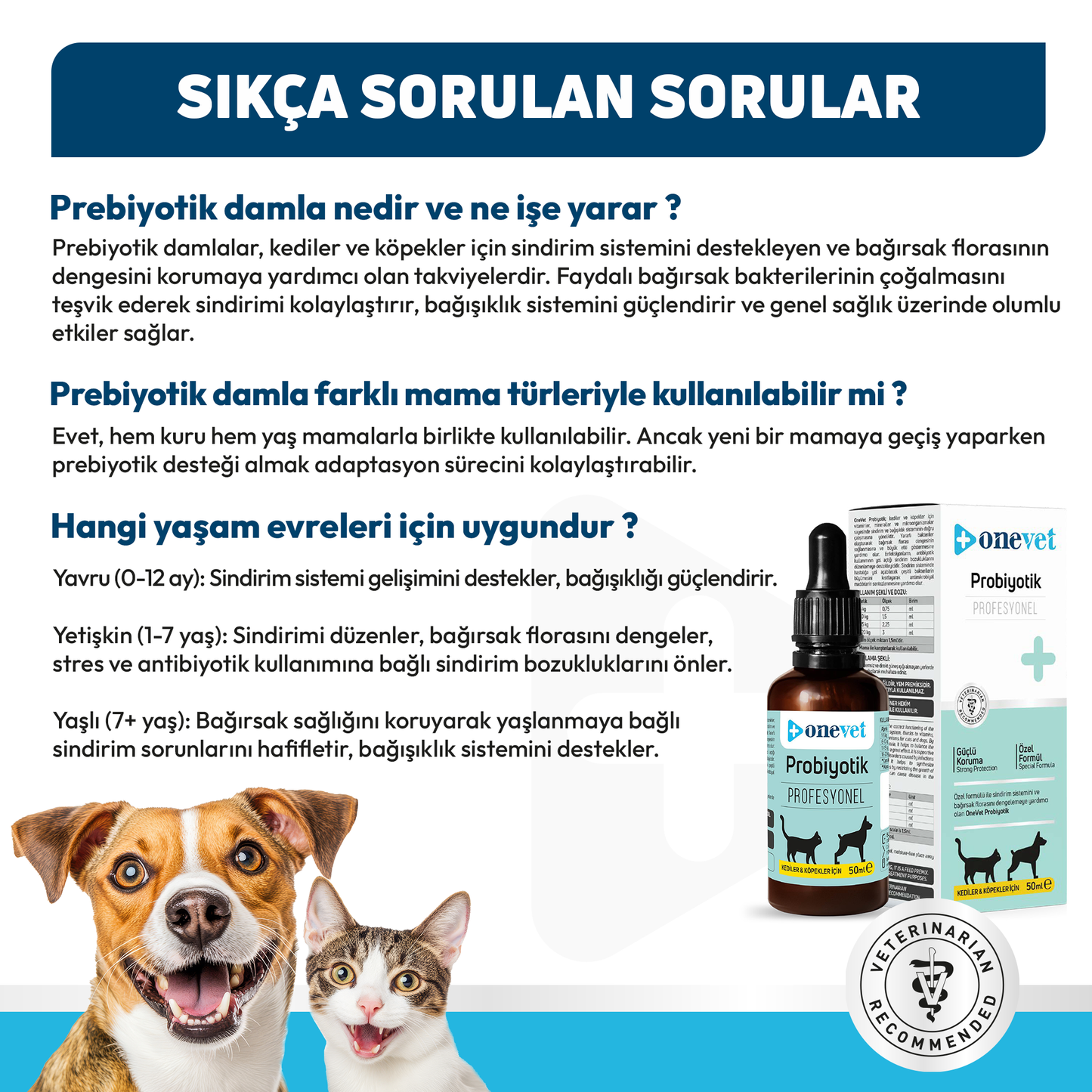 OneVet Prebiotik Damla Kedi ve Köpekler İçin Sindirim ve Bağışıklık Güçlendirici 50 ml